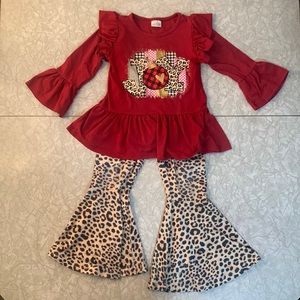 Girls Size 5 Christmas Joy Bell Sleeve Top with Cheetah Bell Bottoms